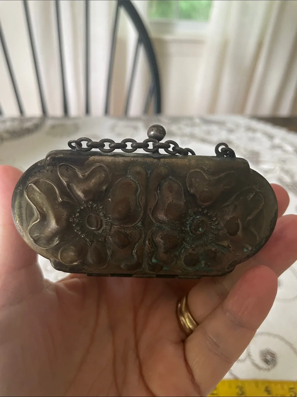 Art Nouveau Vtg Metal Coin Purse with Chain Coth Interior